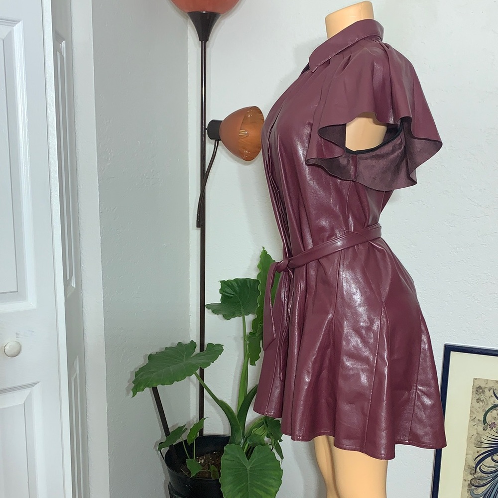 Elan Maroon Faux Leather Dress with Tie - Picture 5 of 8